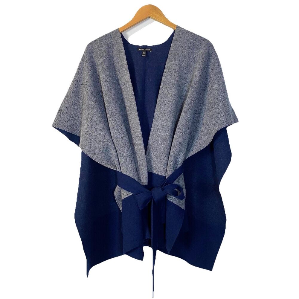 Eileen Fisher Felted Merino Double Face Poncho Sweater XXS XS Blue Bonnet